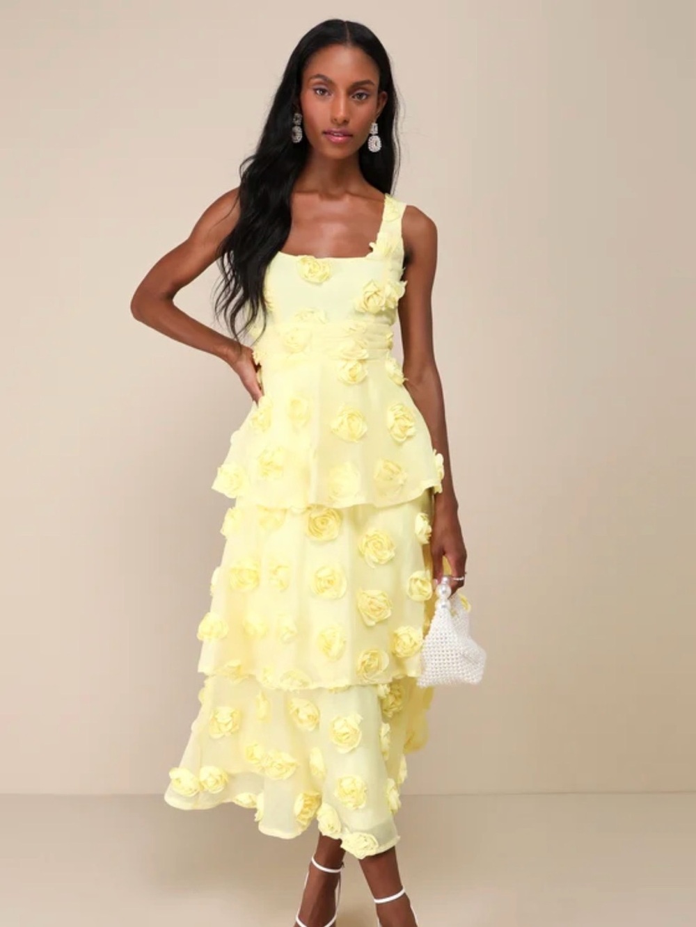 Lulu's Yellow Floral Appliqué Tiered Midi Dress - Picture 6 of 6